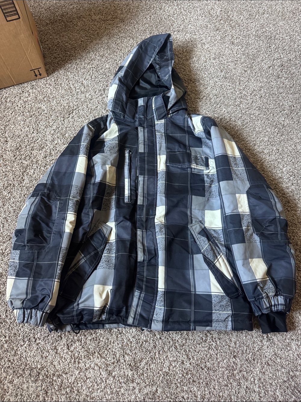 Plaid Hooded Puffer Jacket - Black & Gray